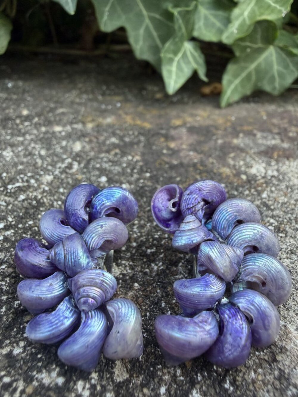 Iridescent Purple Sea Shell Clip On Earrings Spiral Crescent Statement Coastal